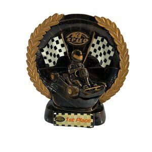 Go Cart Racing First 1st Place Speed Trophy Brown Gold Resin Checkered Flag